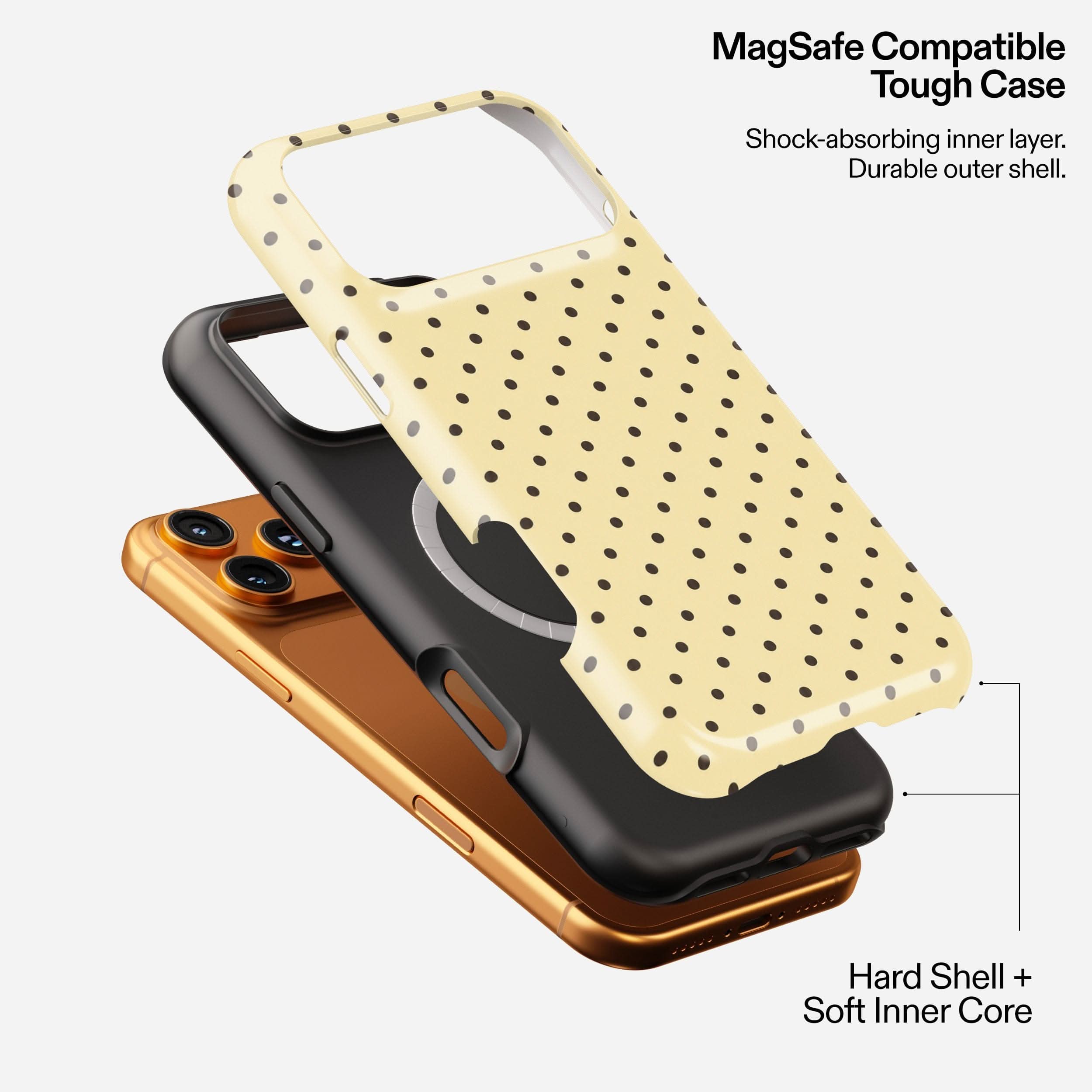 Butter Dots MagSafe tough phone case with shock-absorbing layers, shown in cream, black, and copper finishes.