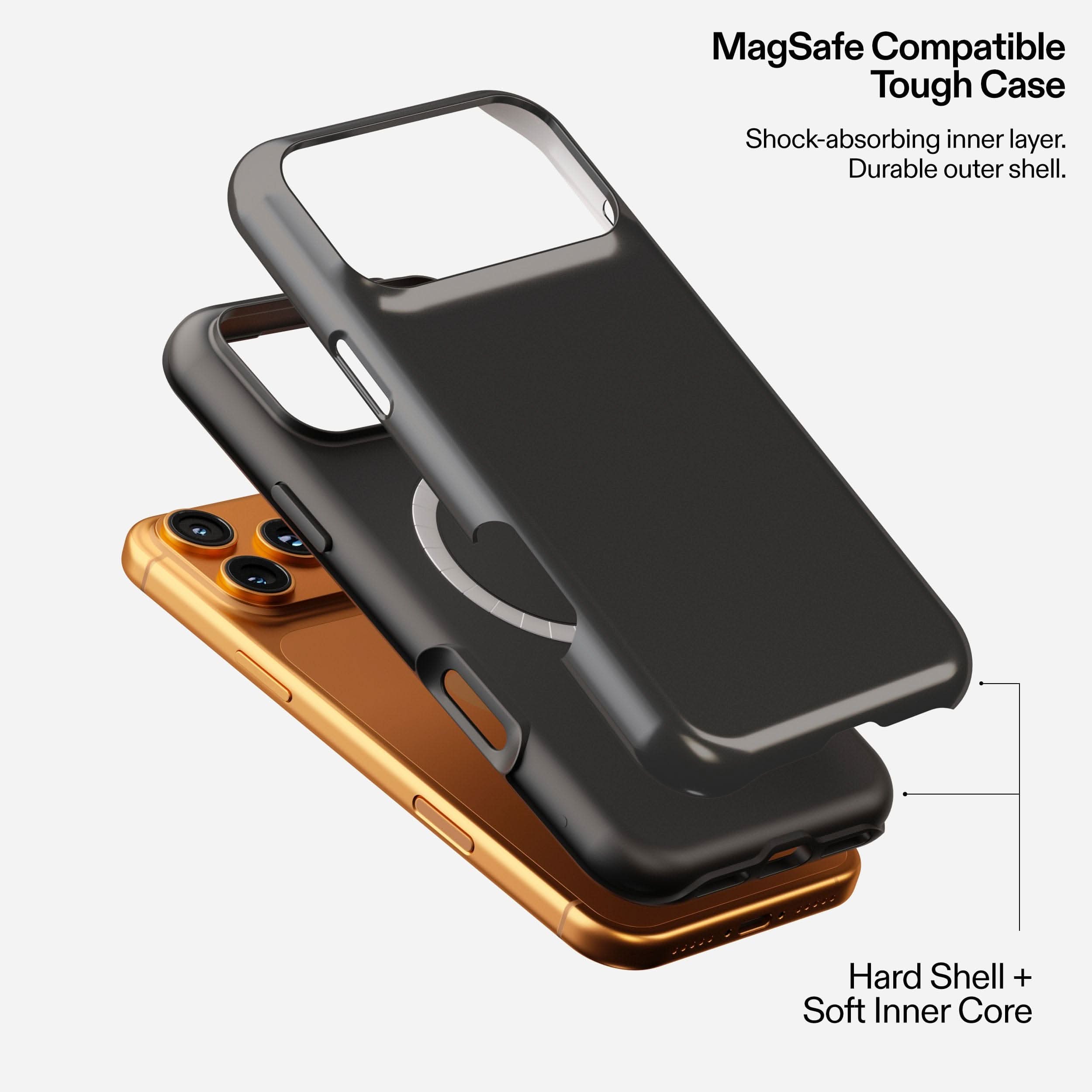 Charcoal MagSafe tough phone case showing shock-absorbing inner layer and durable outer shell in stacked view.