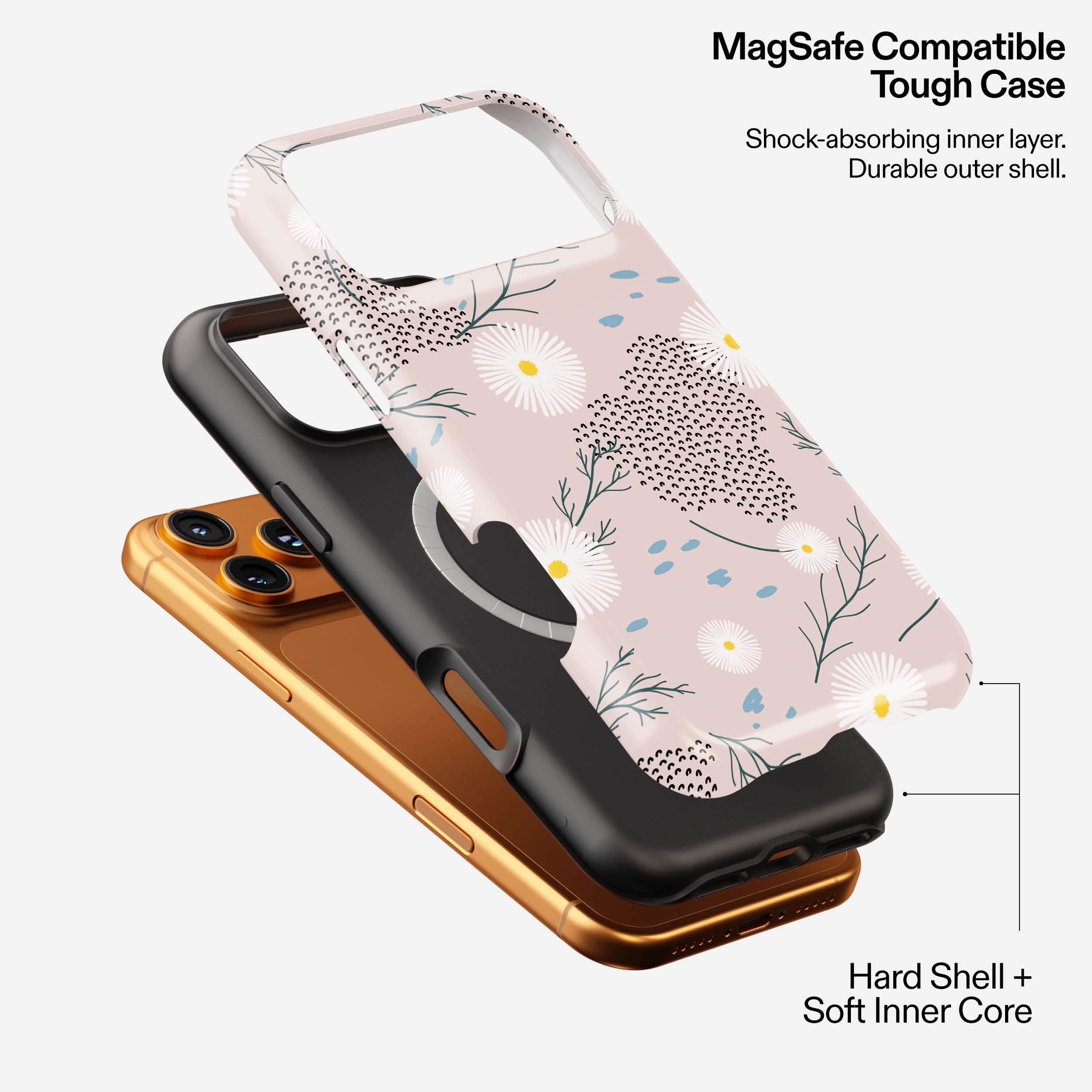 Daisy Haze MagSafe tough phone case in pink with floral pattern, shown stacked with black and gold cases.