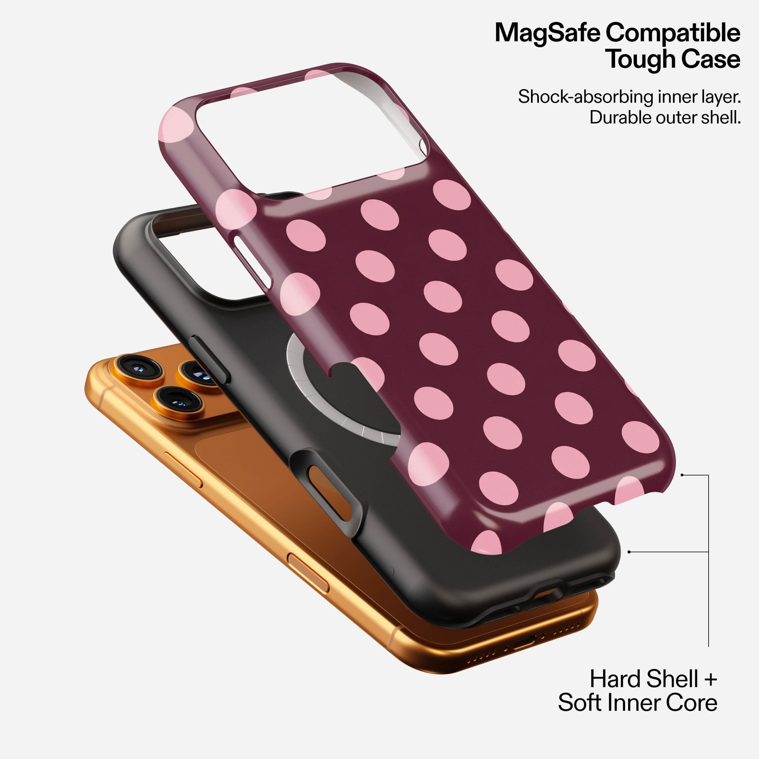 Cherry Soda MagSafe tough phone case stacked in burgundy, black, and gold with protective layers displayed.
