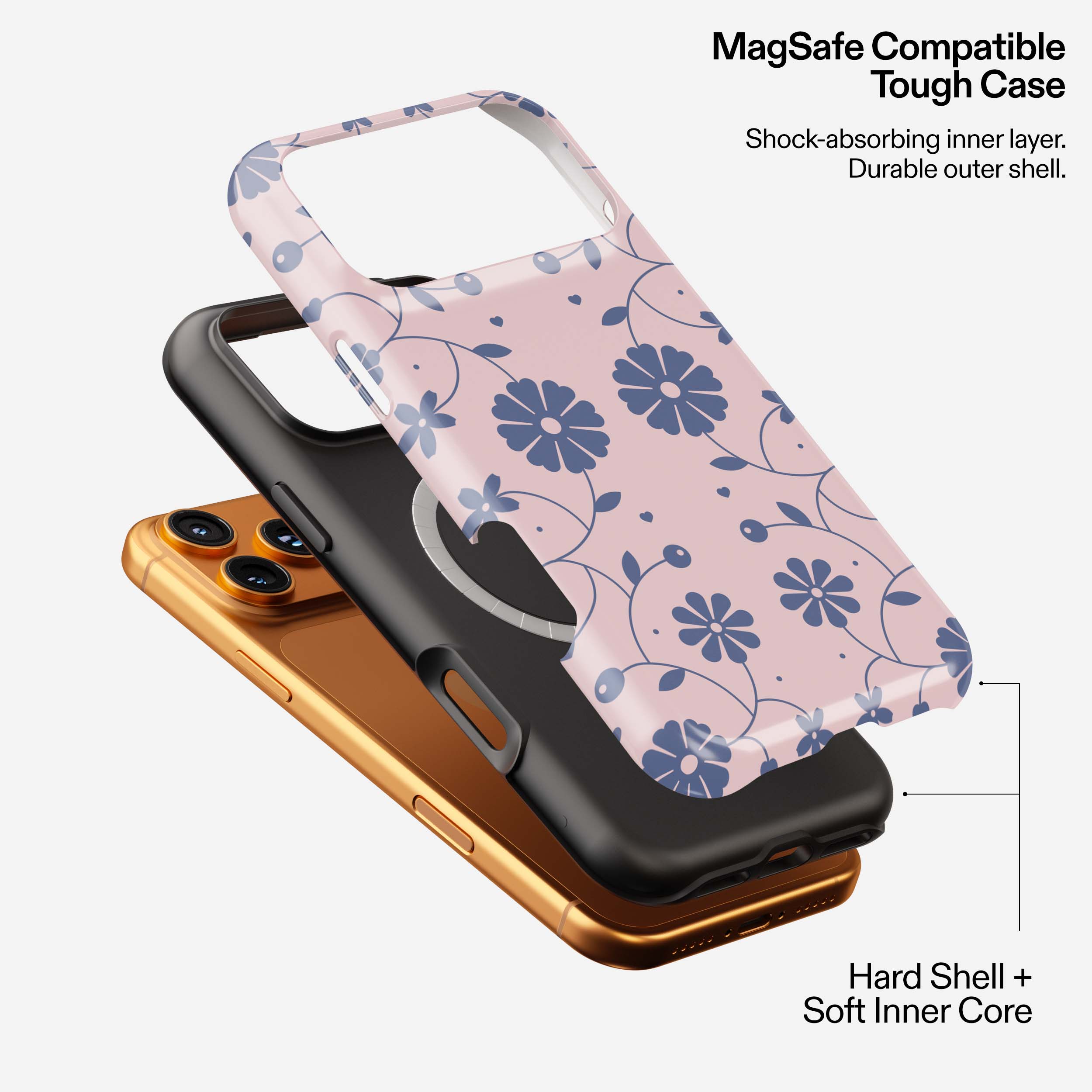 MagSafe compatible tough phone case in pink with blue floral pattern, shown in three color options stacked.