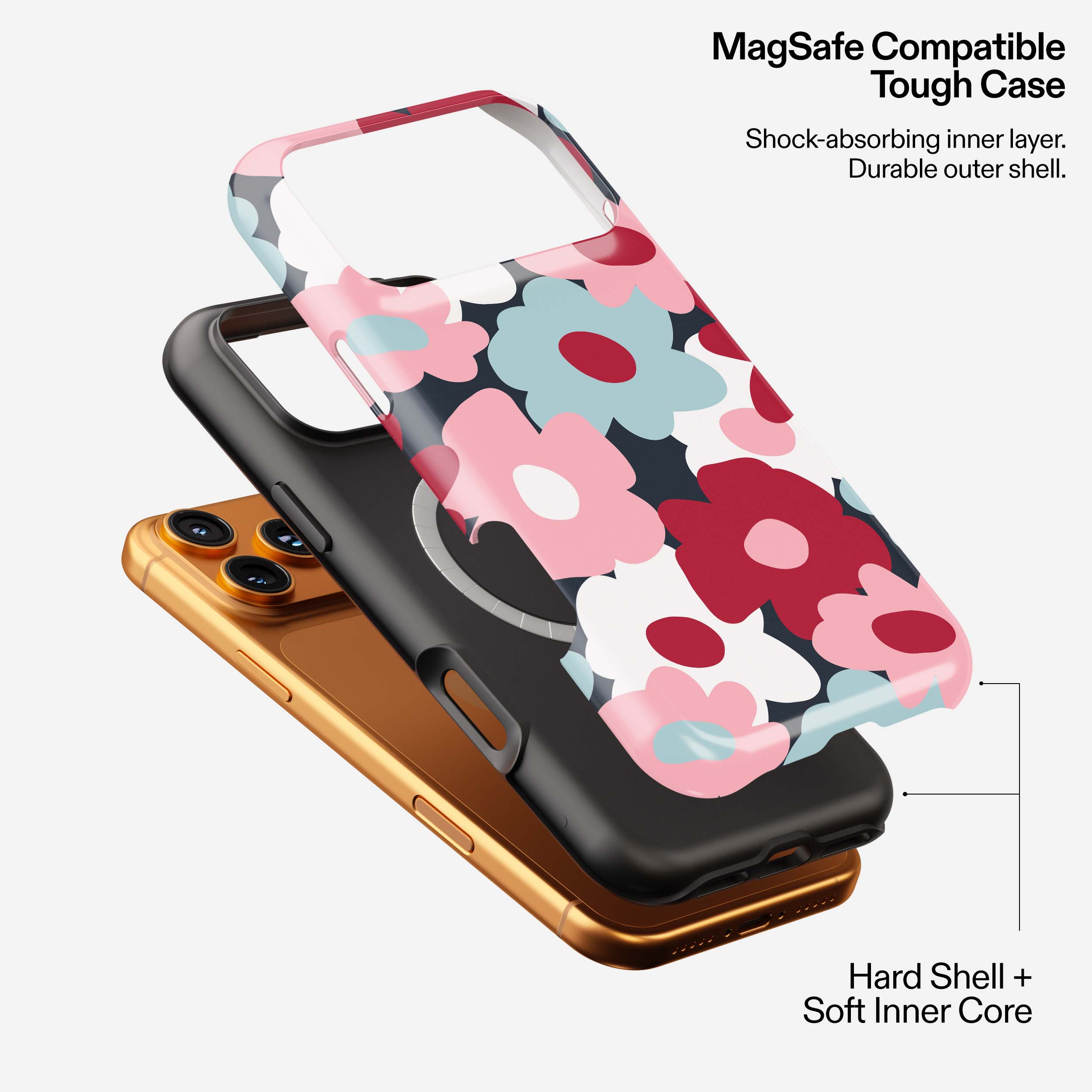 Midnight Petals MagSafe tough phone case with colorful floral design, showing layered construction and hard shell protection.