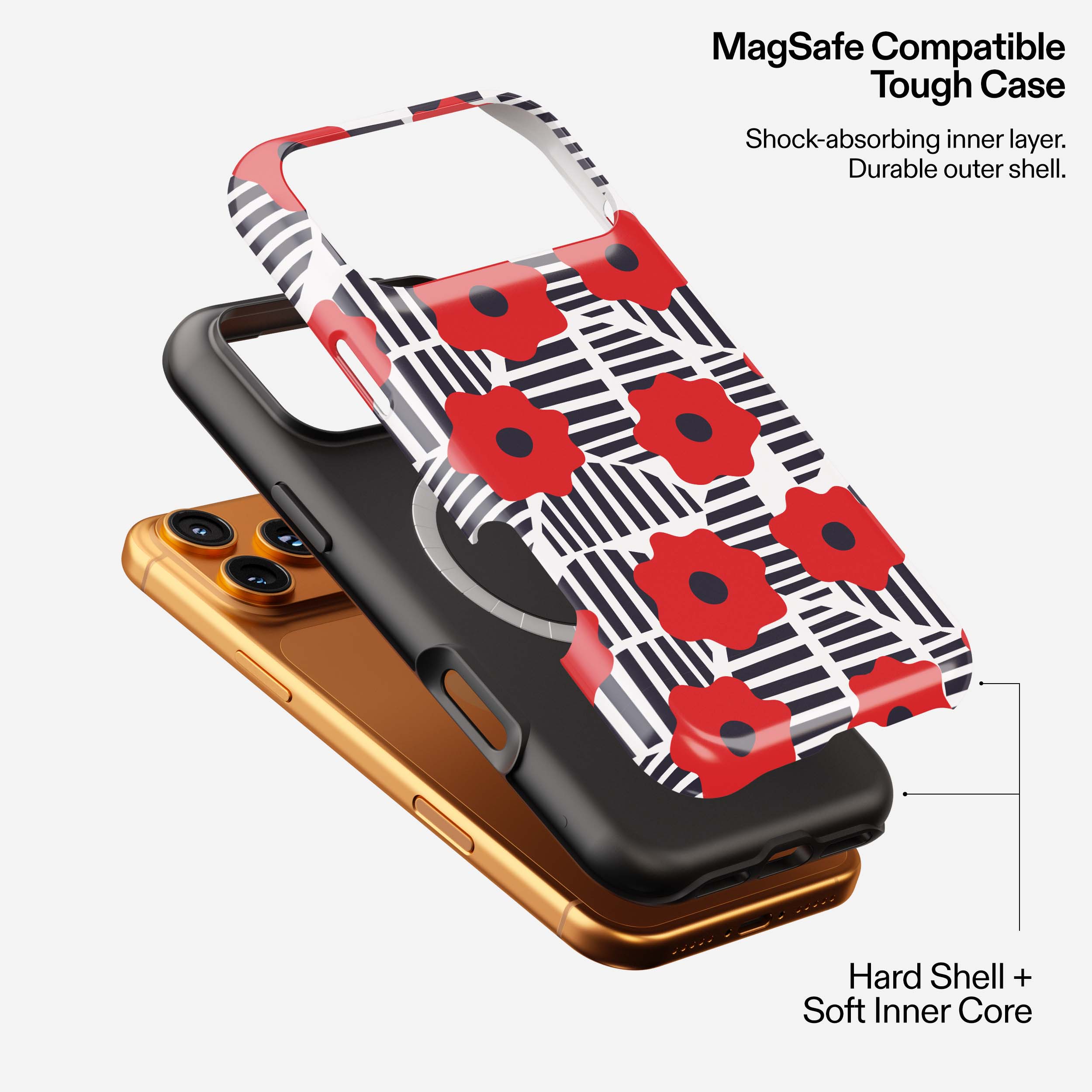 Red floral striped MagSafe tough phone case with shock-absorbing inner layer and durable outer shell.