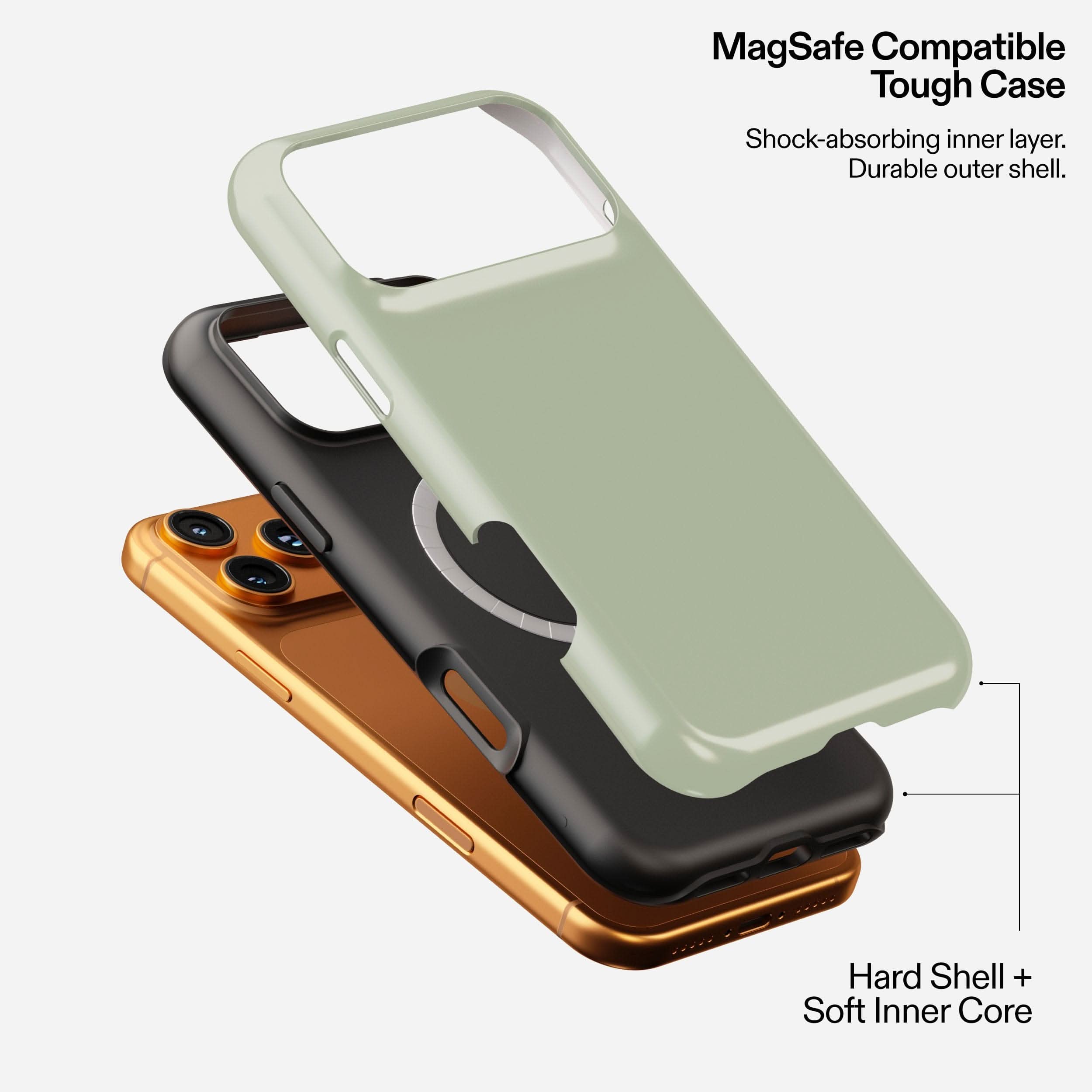 Sage green MagSafe tough phone case with shock-absorbing inner layer and durable outer shell, stacked display.