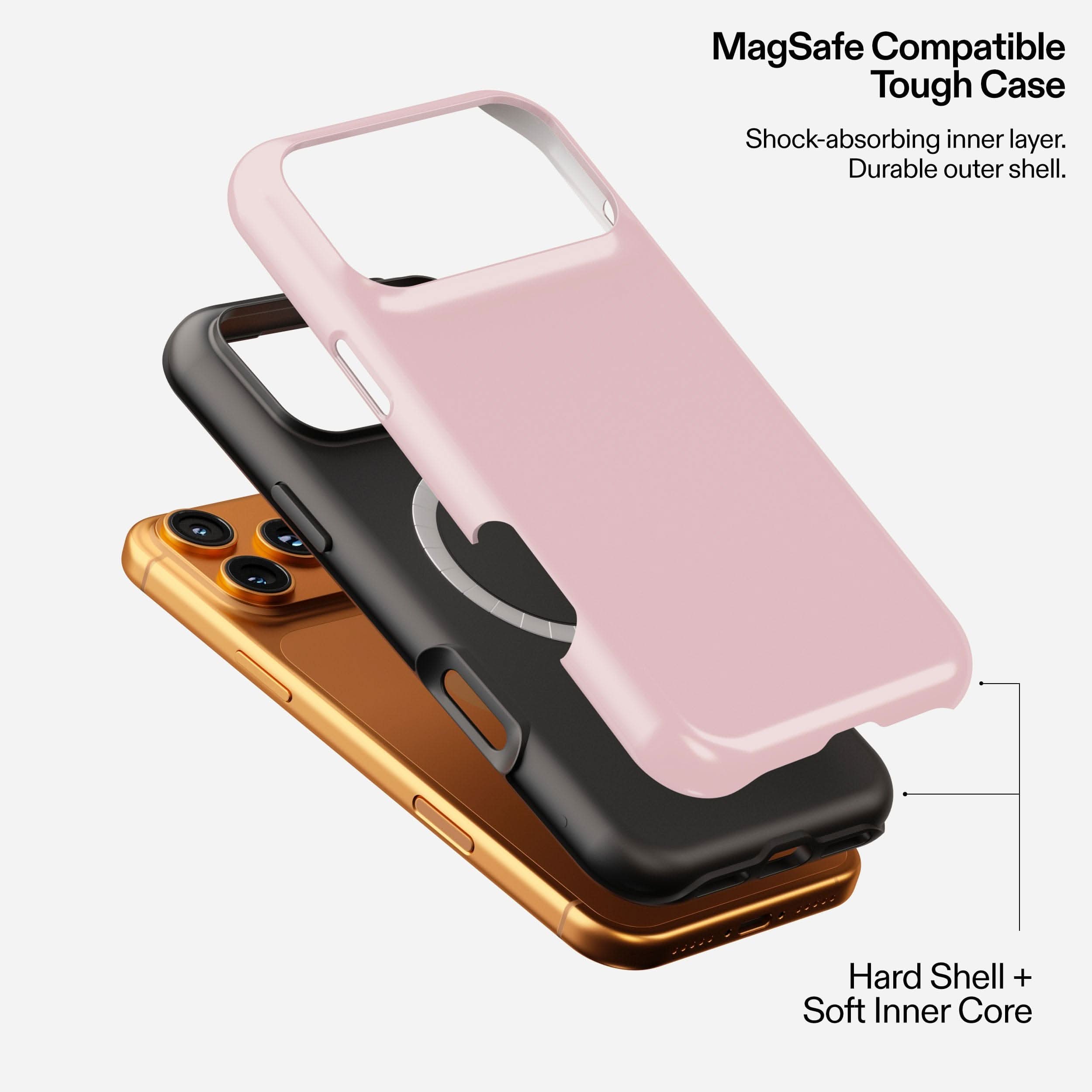 Dusty Rose MagSafe tough phone case with shock-absorbing inner layer and durable outer shell, stacked with black and gold variants.