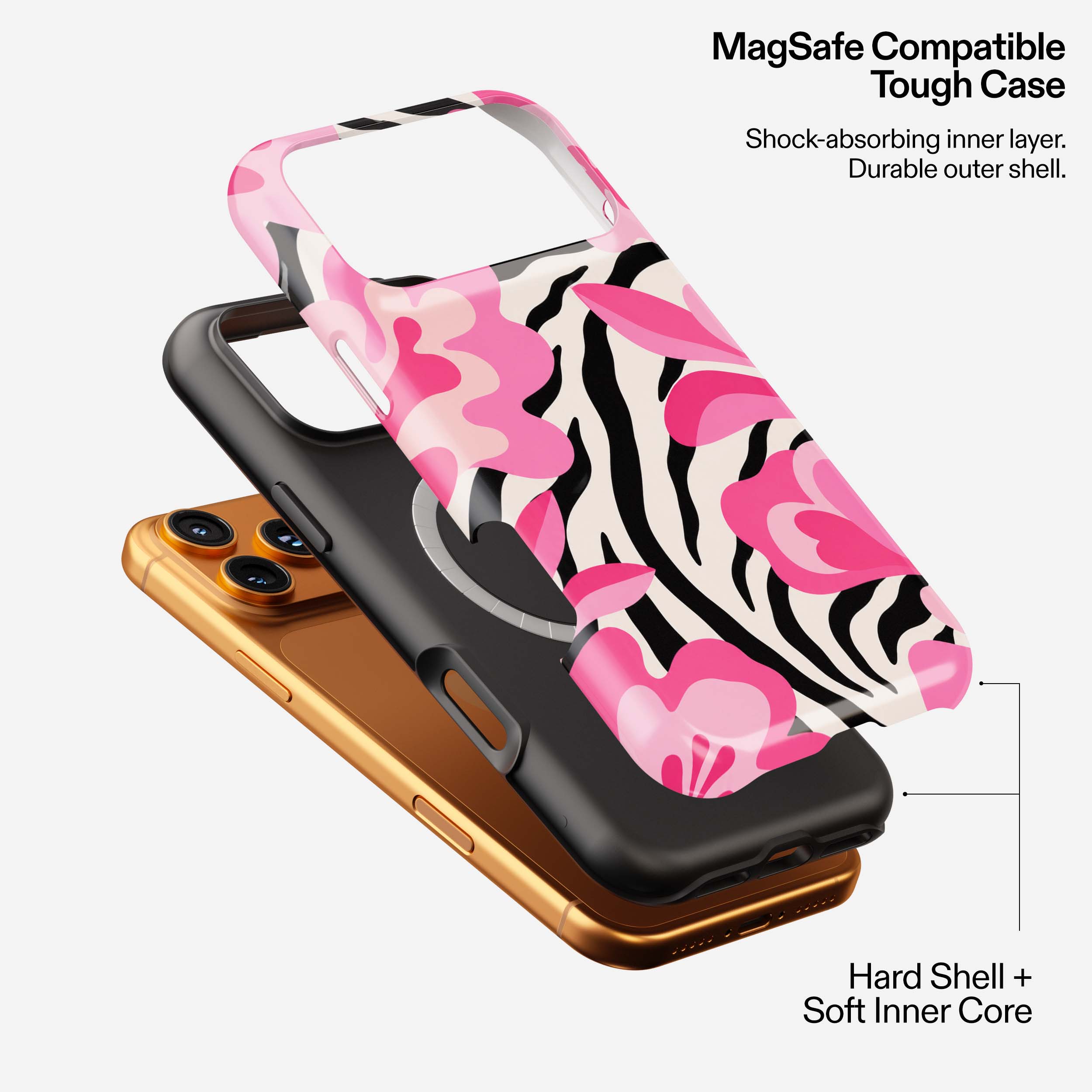 Pink Safari MagSafe Tough Phone Case stacked on gold and black cases showing floral and zebra stripe design.
