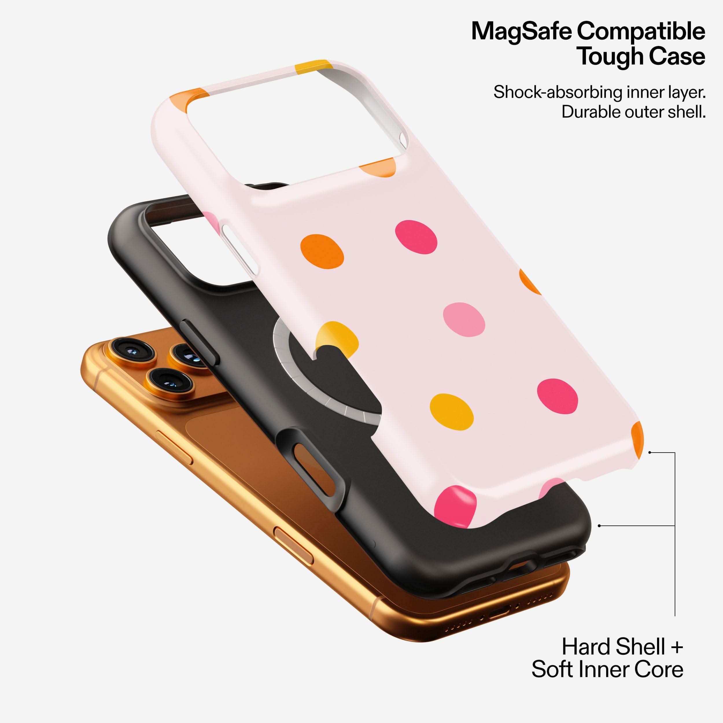 MagSafe compatible tough phone case in pink with colorful polka dots, showing shock-absorbing inner layer and durable hard shell.