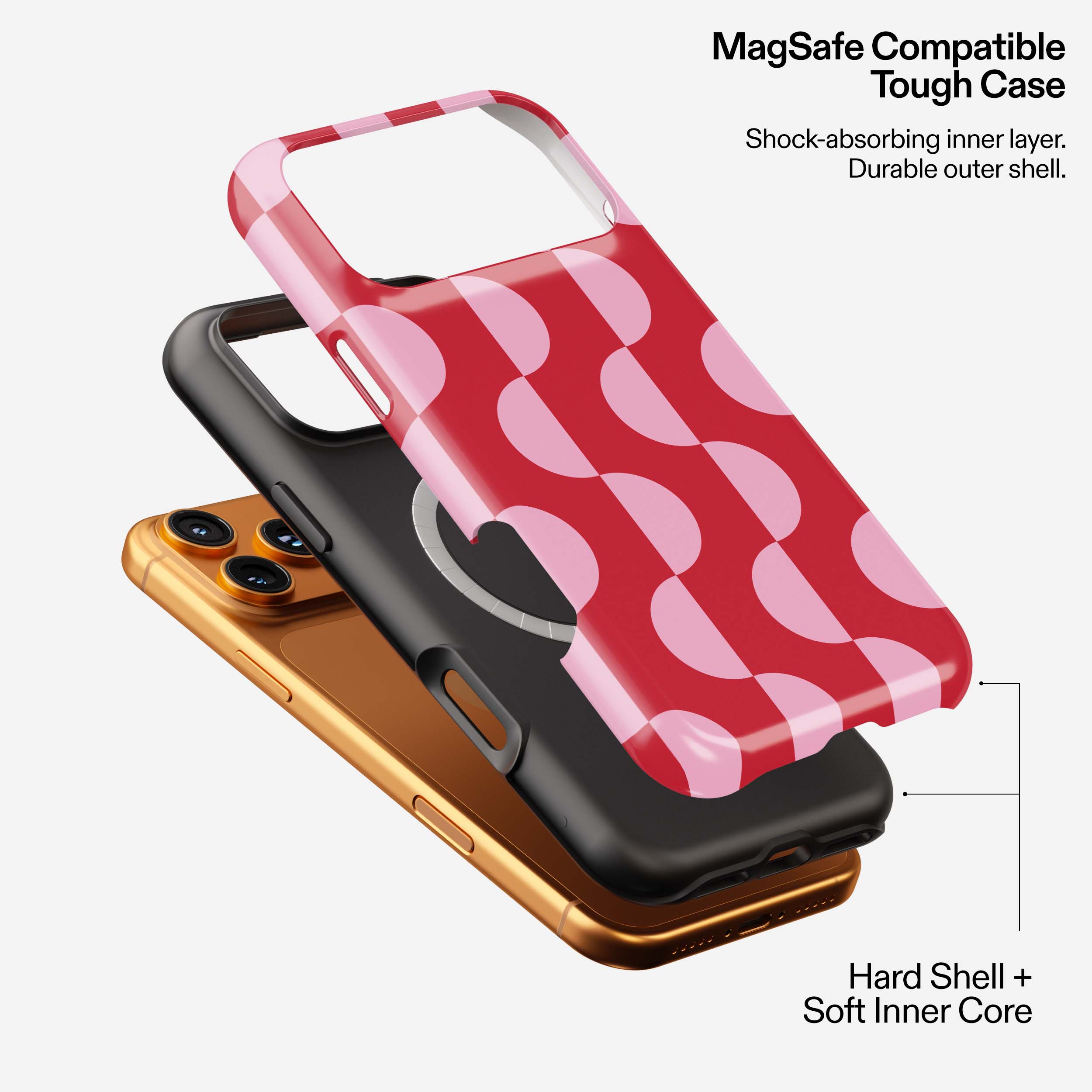MagSafe-compatible tough phone cases in pink checkered, black, and gold finishes stacked to show layered protection design.