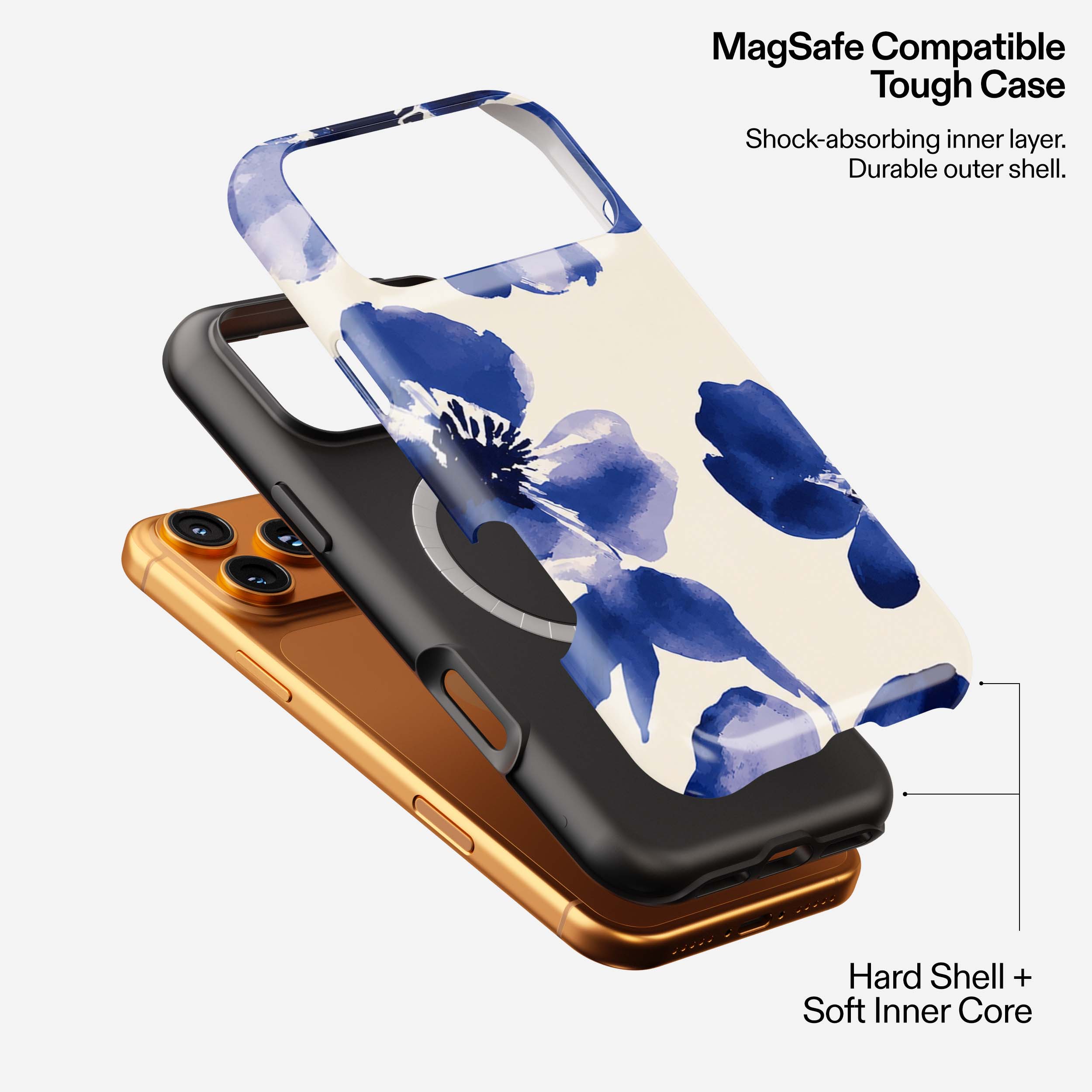 Blue Muse MagSafe Tough Case shown in cream, black, and gold finishes with floral design and protective layers.