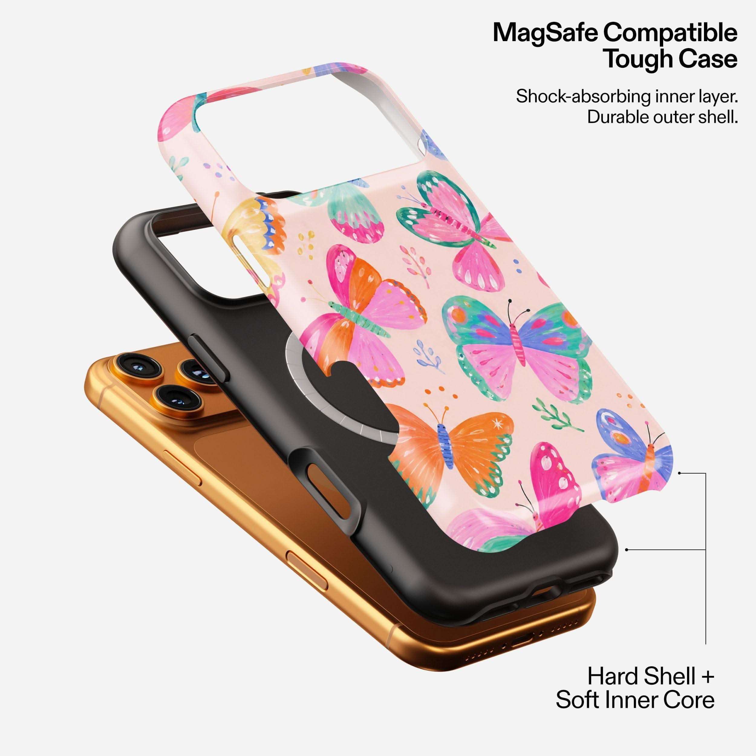 Colorful butterfly-printed MagSafe tough phone case with shock-absorbing inner layer and hard shell, stacked display.