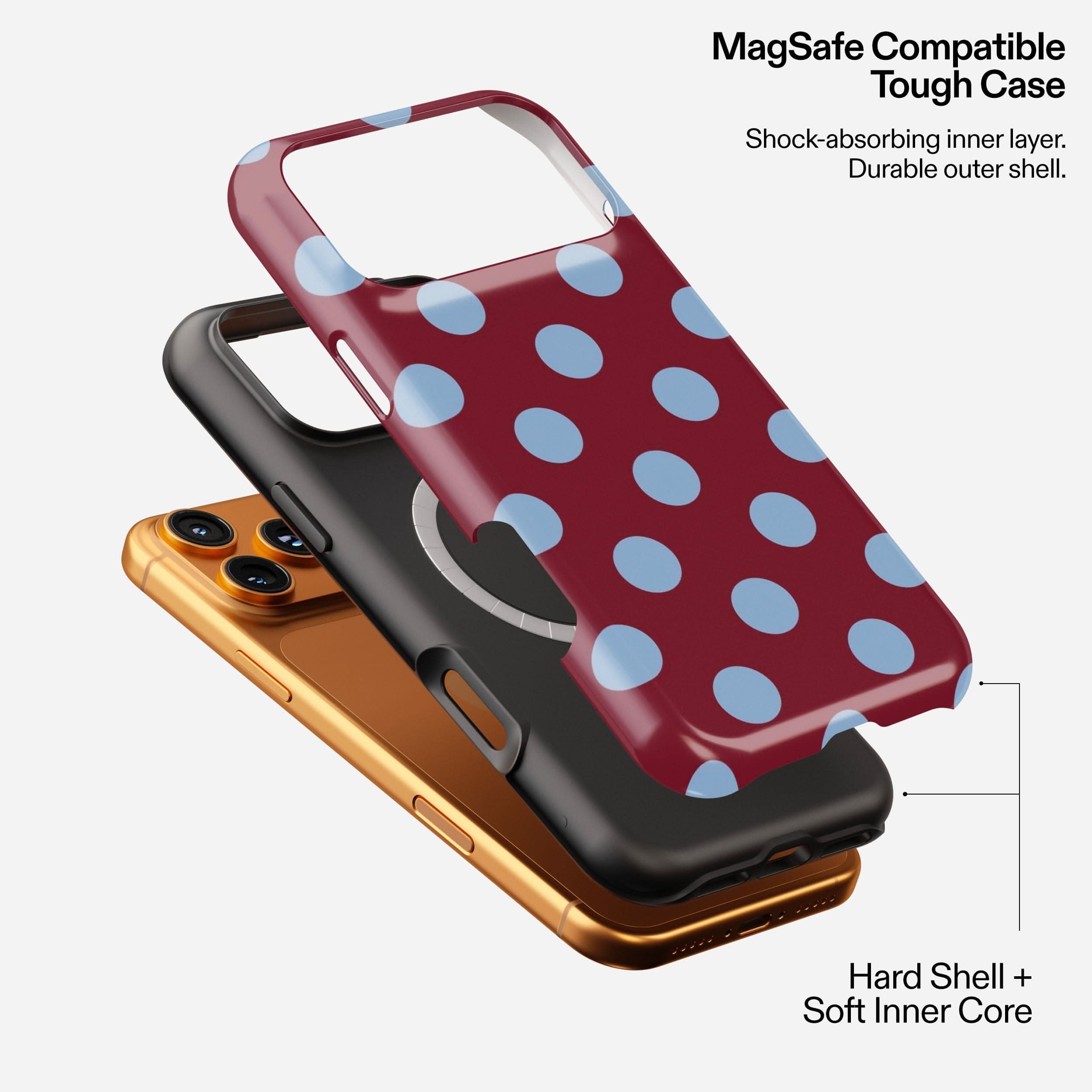 Berry red phone case with light blue polka dots, featuring MagSafe compatibility and dual-layer protection.