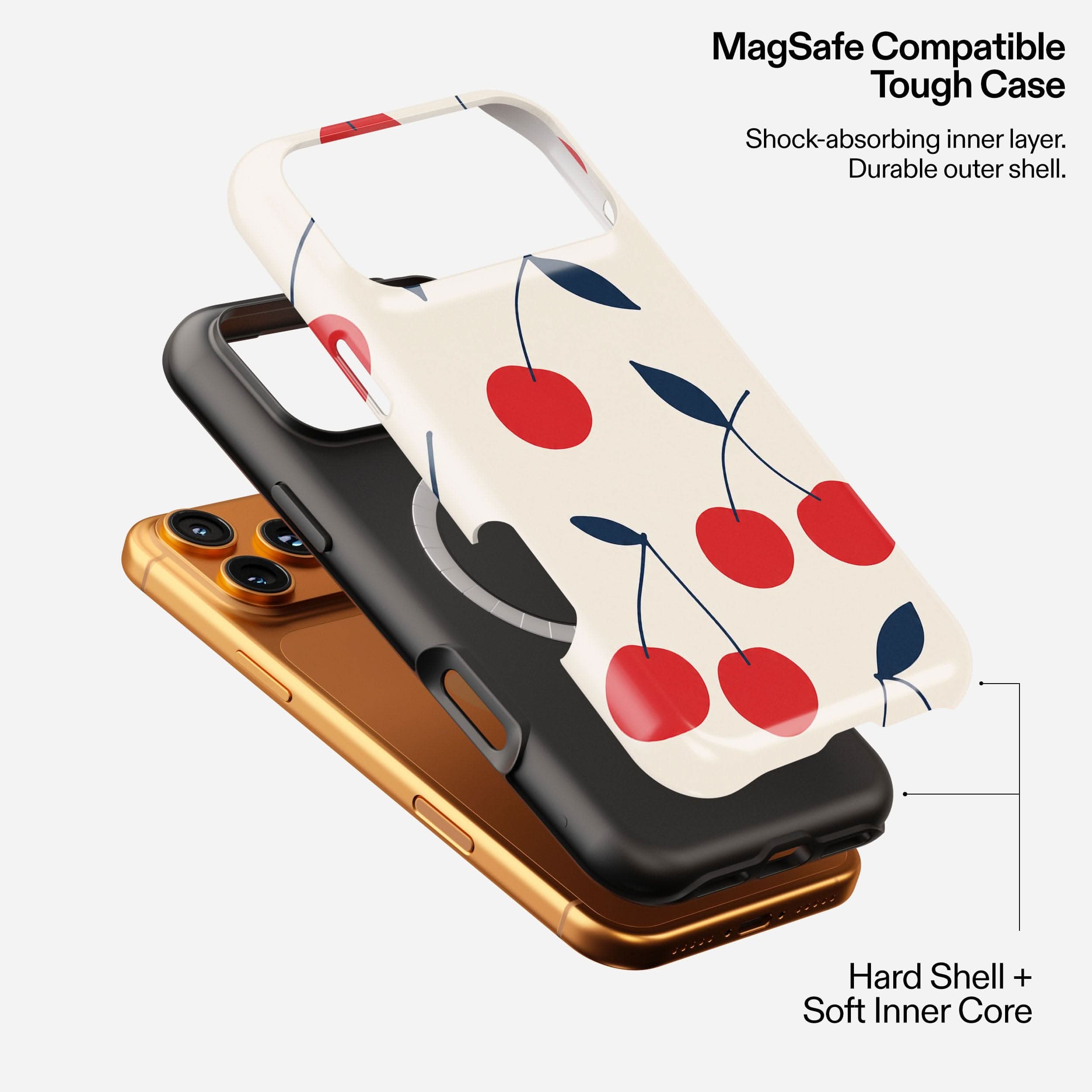 Cream cherry MagSafe tough phone case with red cherries and navy leaves on cream background, shown stacked with black and gold cases.
