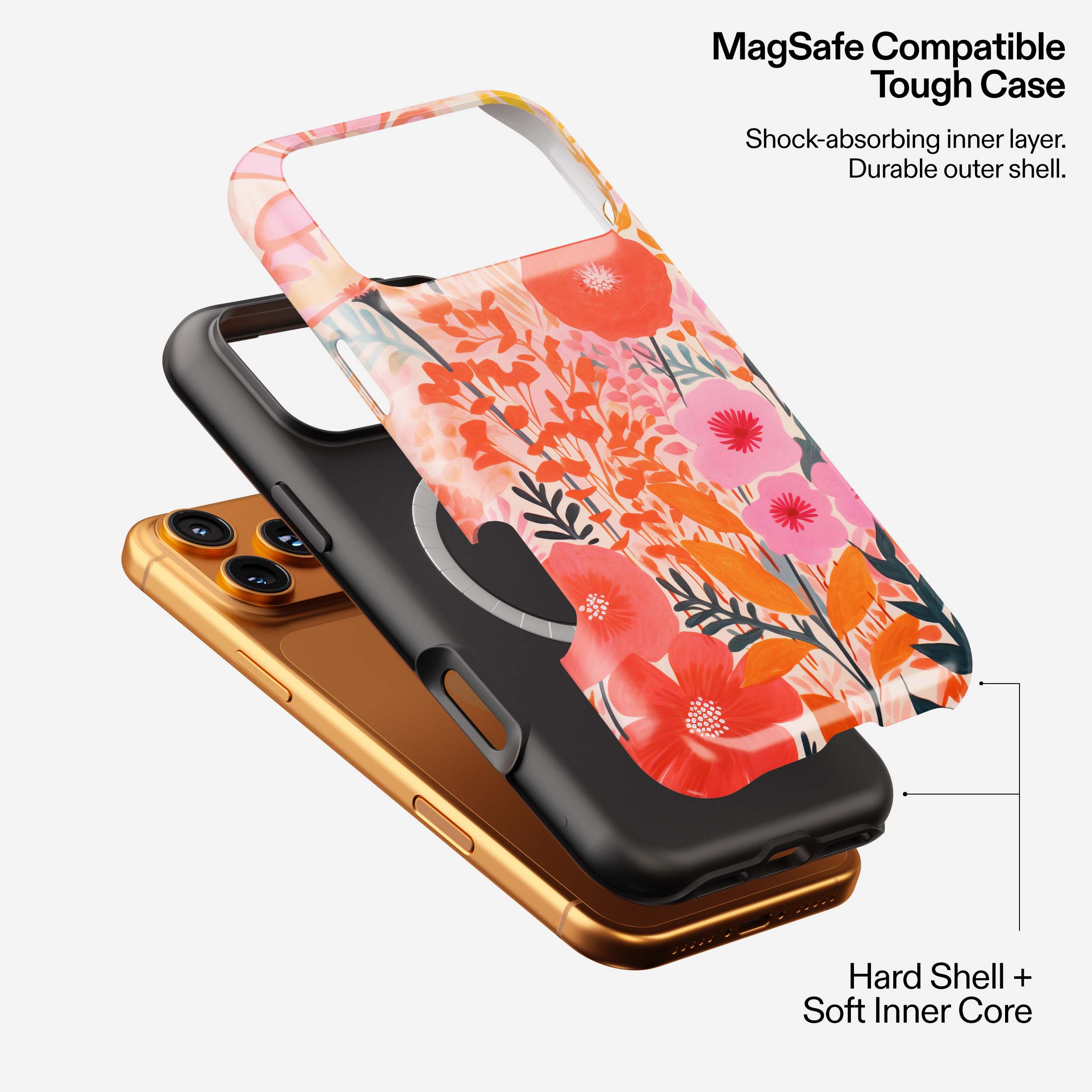 Petal Symphony MagSafe tough phone case with floral design in red, pink, and orange tones, shown in multiple color options.