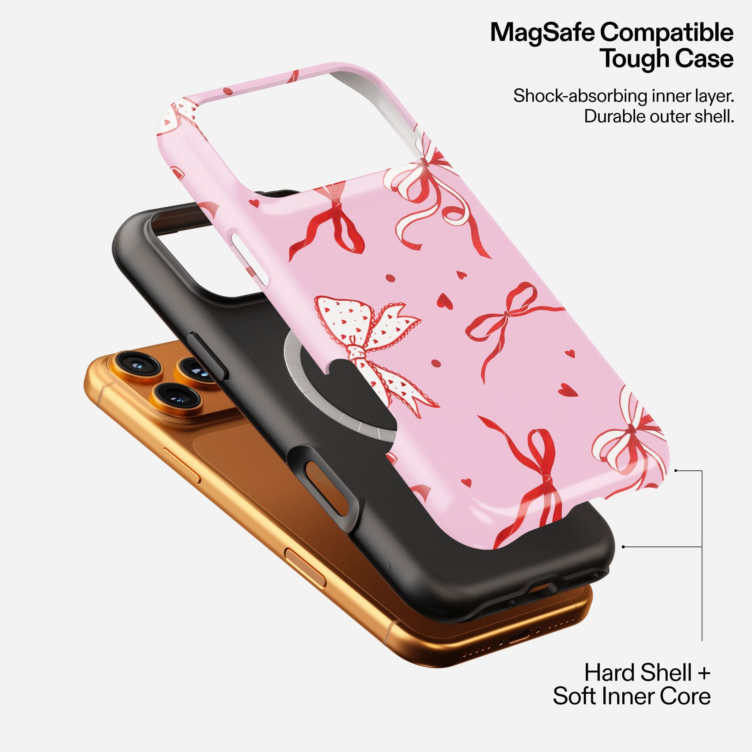 Pink MagSafe phone case with red ribbon and heart design, shown stacked with black and gold cases.