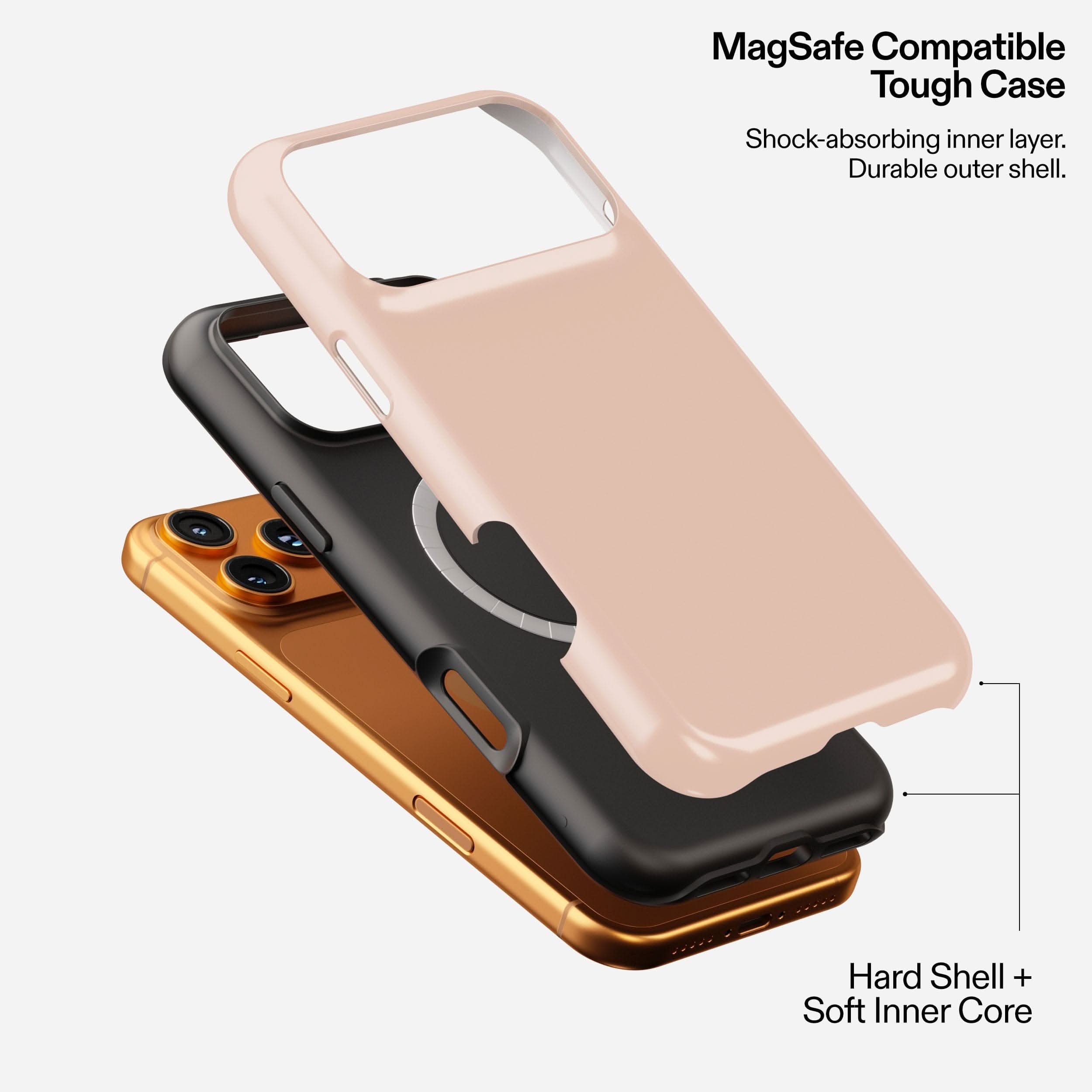 Peach Fuzz MagSafe tough phone case with shock-absorbing inner layer and durable outer shell, shown in stacked display.
