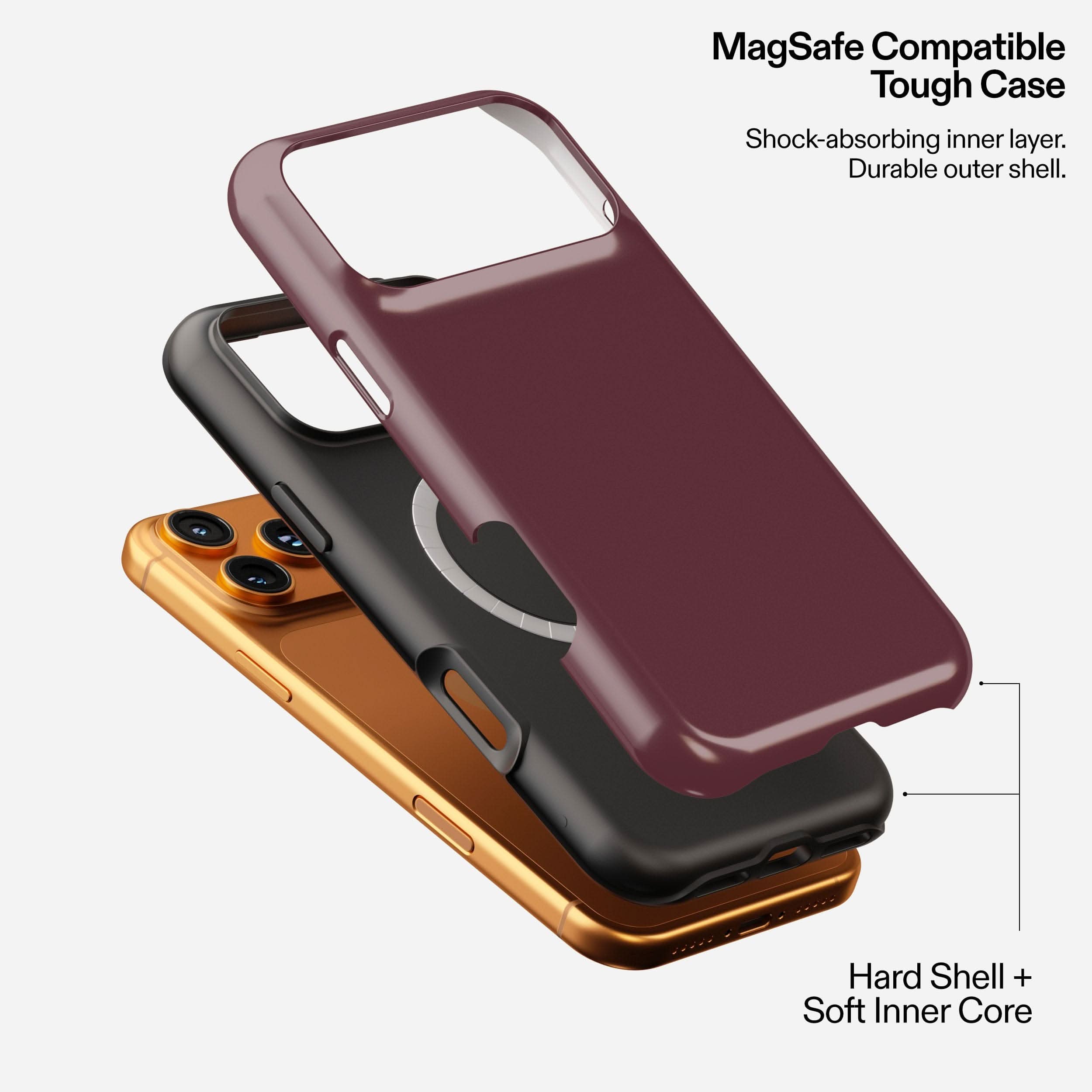 Deep burgundy MagSafe compatible tough phone case with shock-absorbing inner layer and durable outer shell.