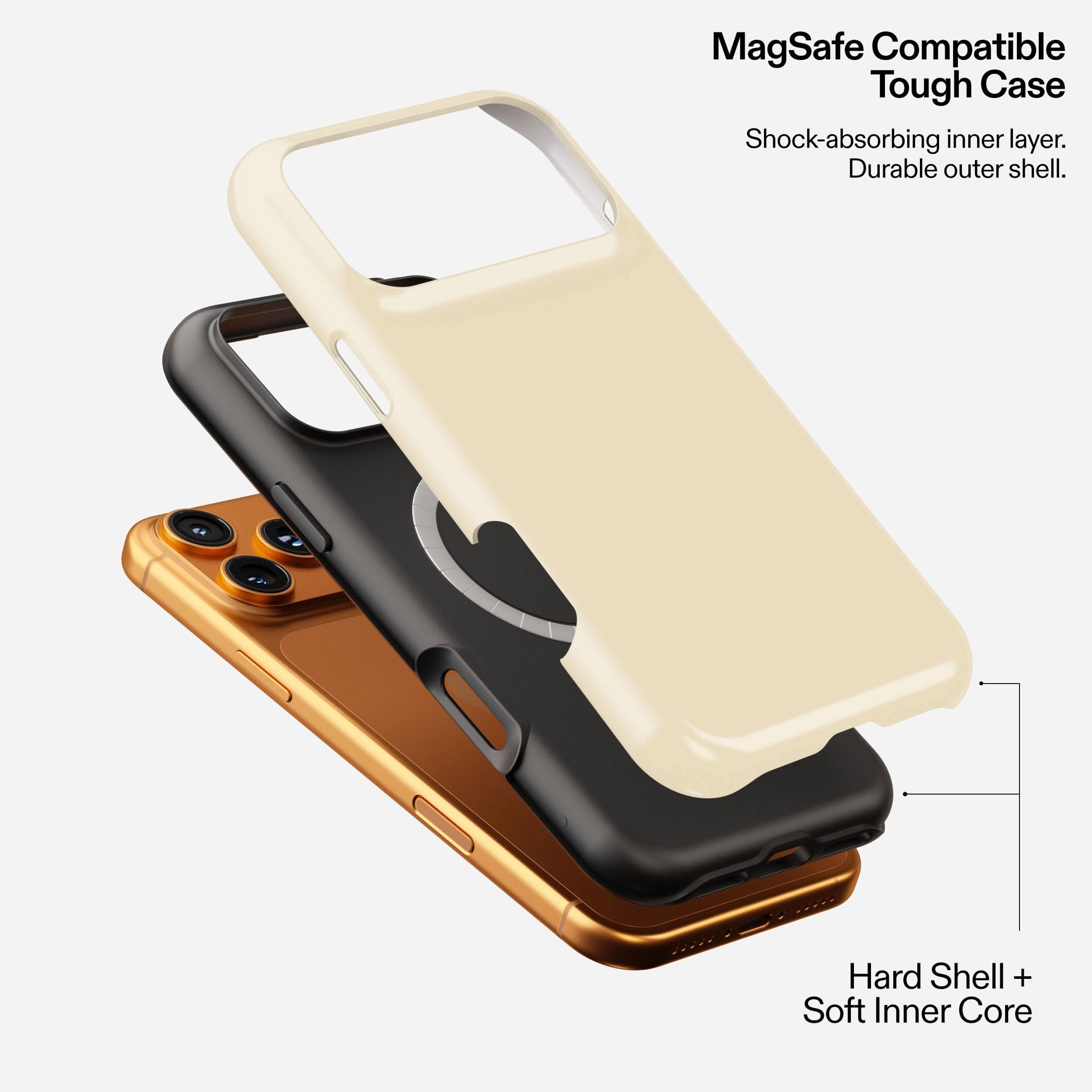 Butter yellow MagSafe compatible tough phone case with shock-absorbing inner layer and durable outer shell.