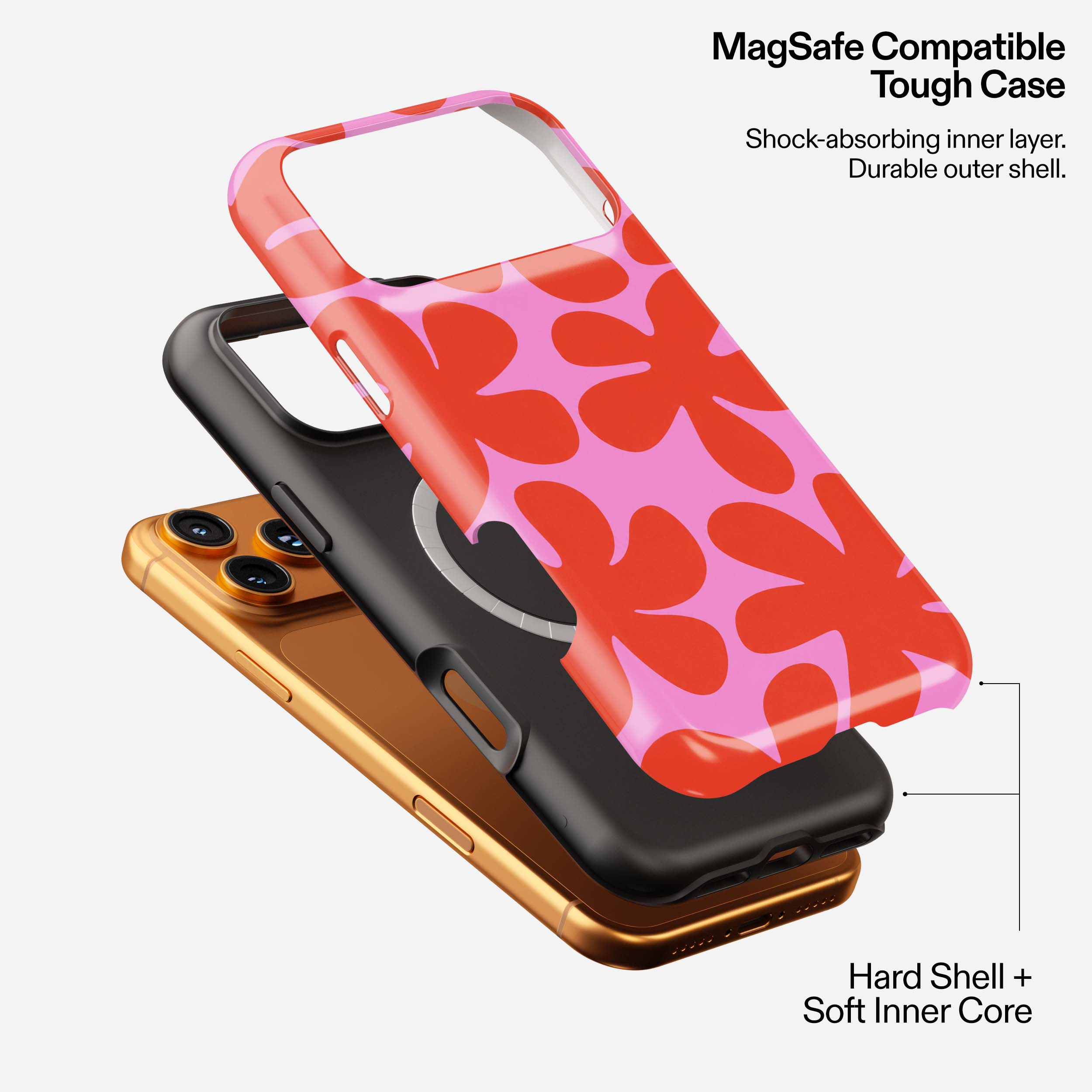 MagSafe-compatible tough phone cases in pink floral, black, and gold finishes stacked together.