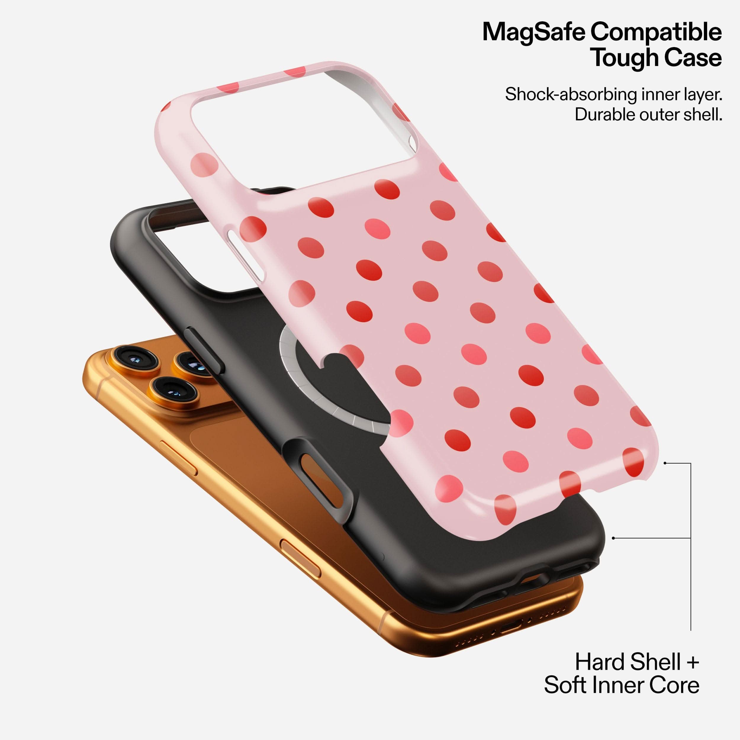 Cherry Blush MagSafe tough phone case with red polka dot pattern, shown in pink, black, and gold variants stacked.