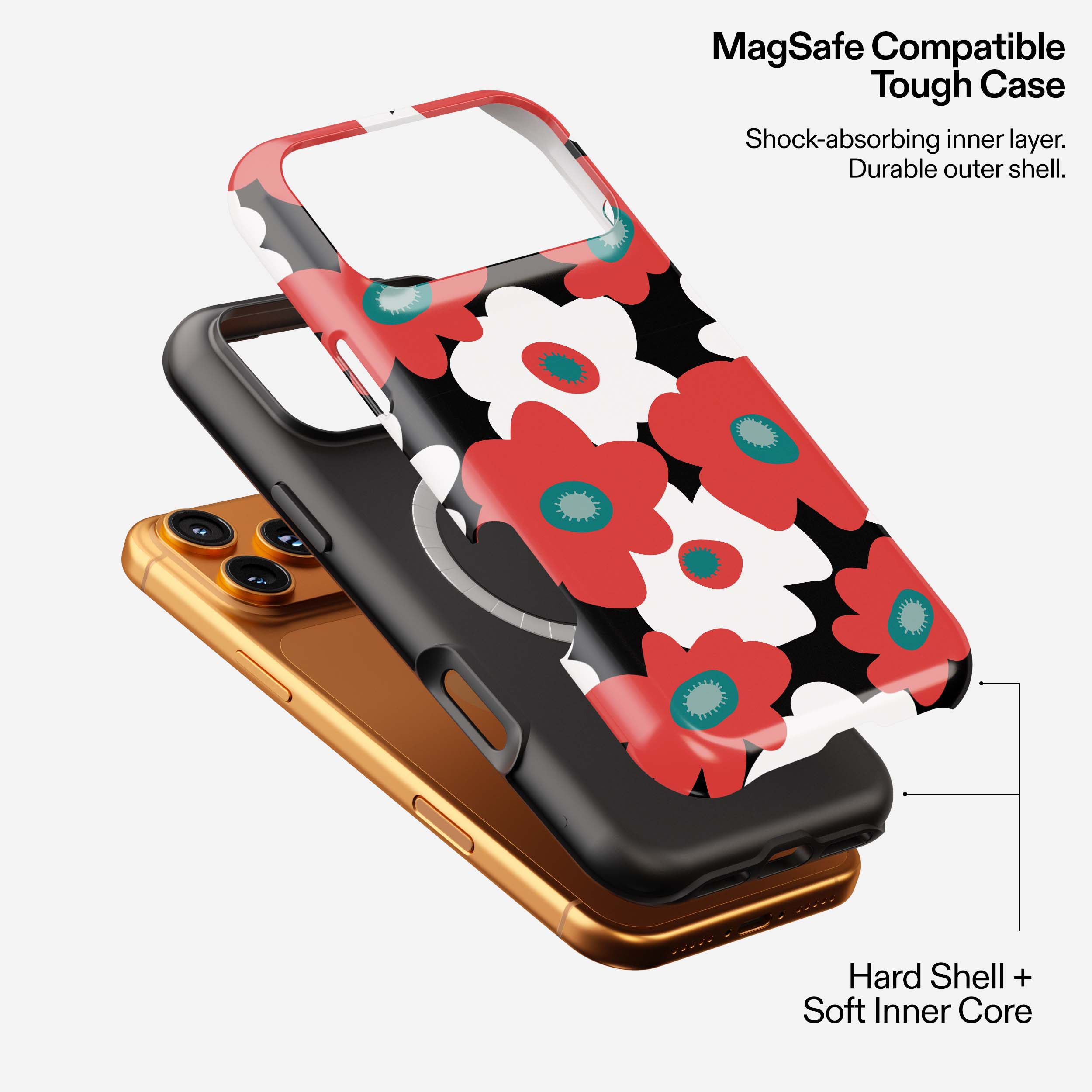MagSafe compatible tough phone case with red and white floral pattern on black background, dual-layer protection.