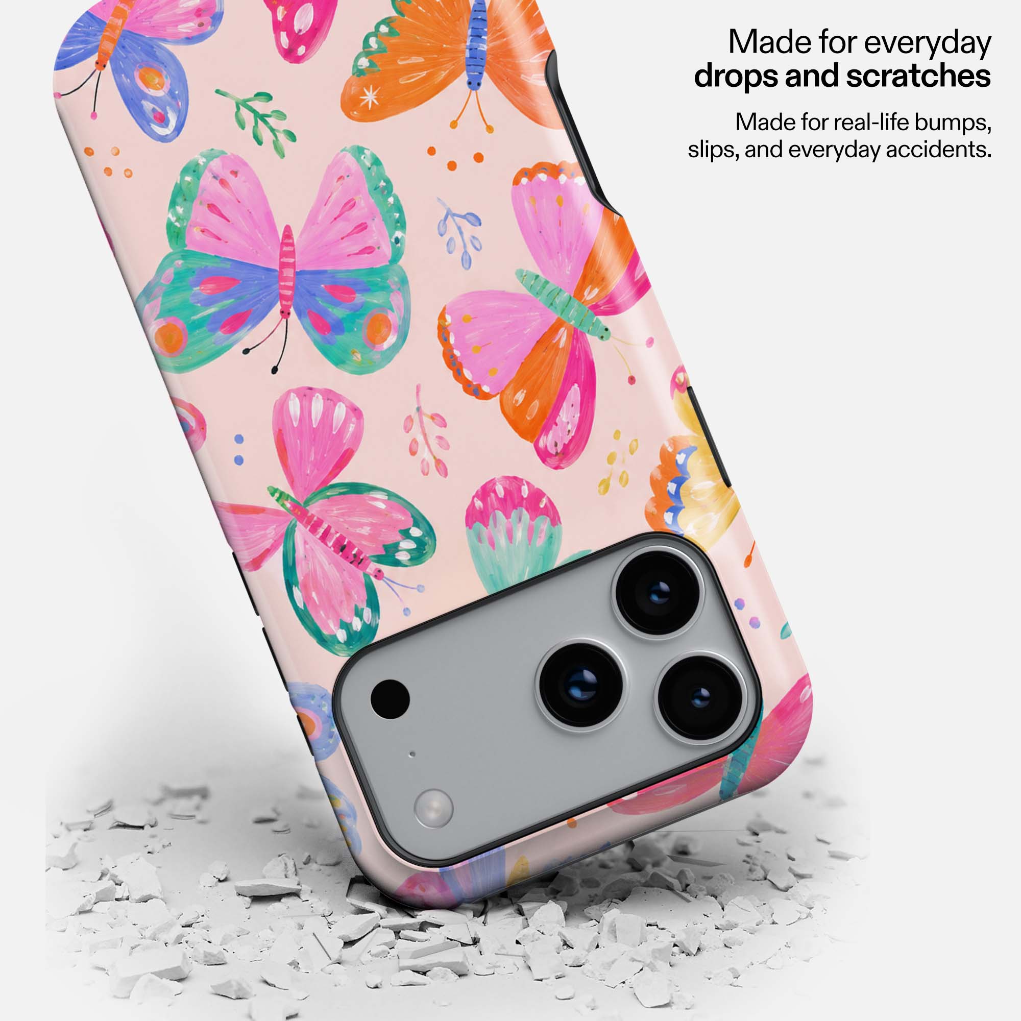 Colorful butterfly phone case with pink background, designed to protect against drops and scratches.