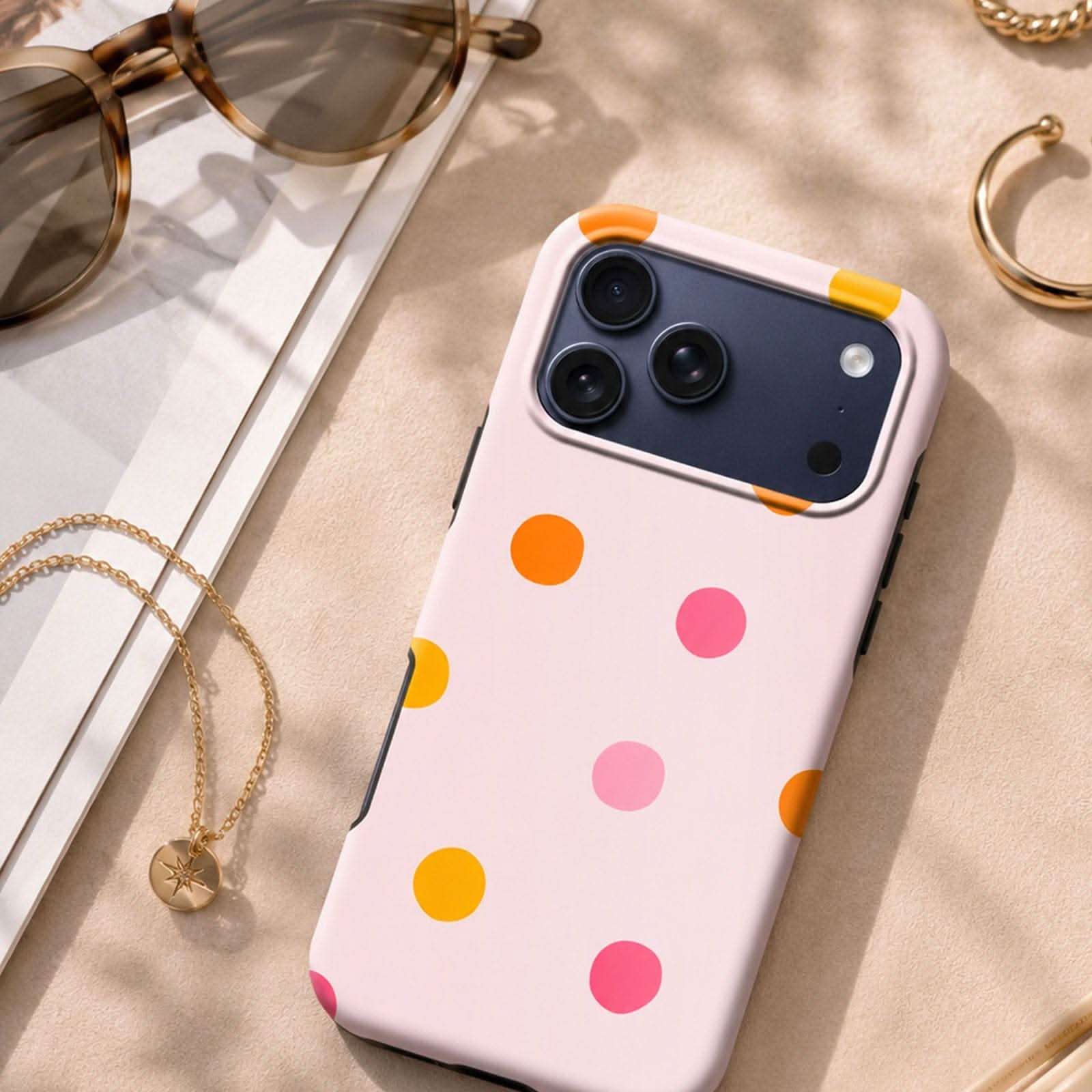 Pink MagSafe phone case with colorful polka dots in orange, yellow, and pink tones displayed with accessories.